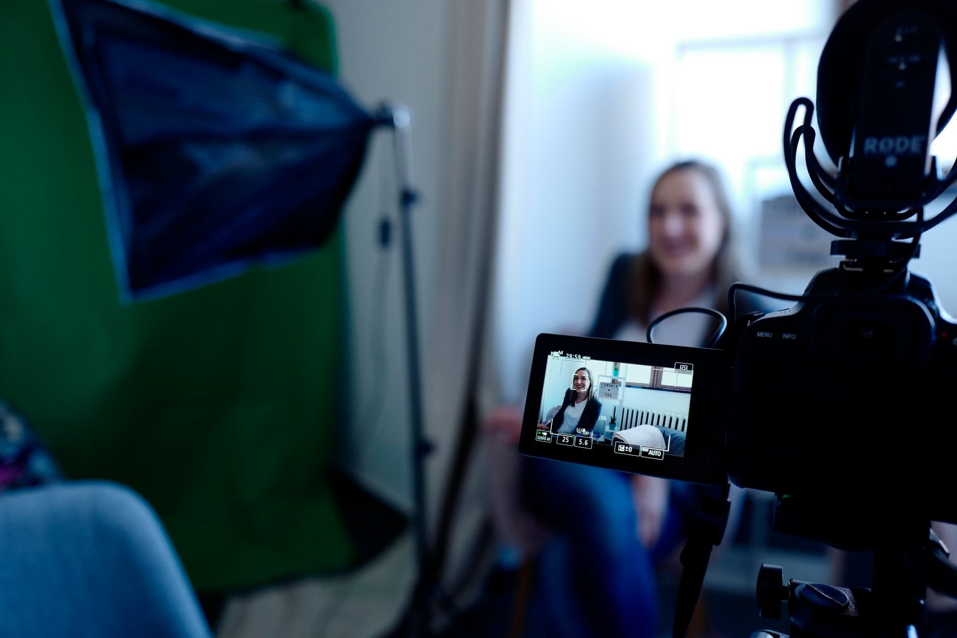 Woman speaking to camera in a professional interview setup